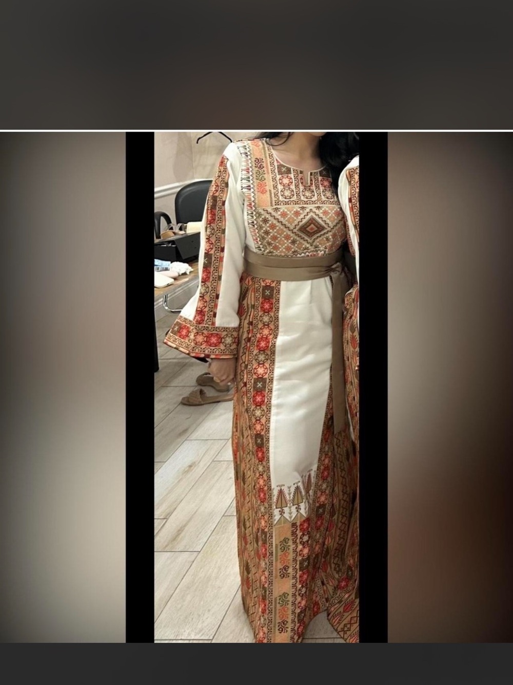 Others Follow Ivory Maxi Dress with Rust Embroidered Panels and Tan Sash
